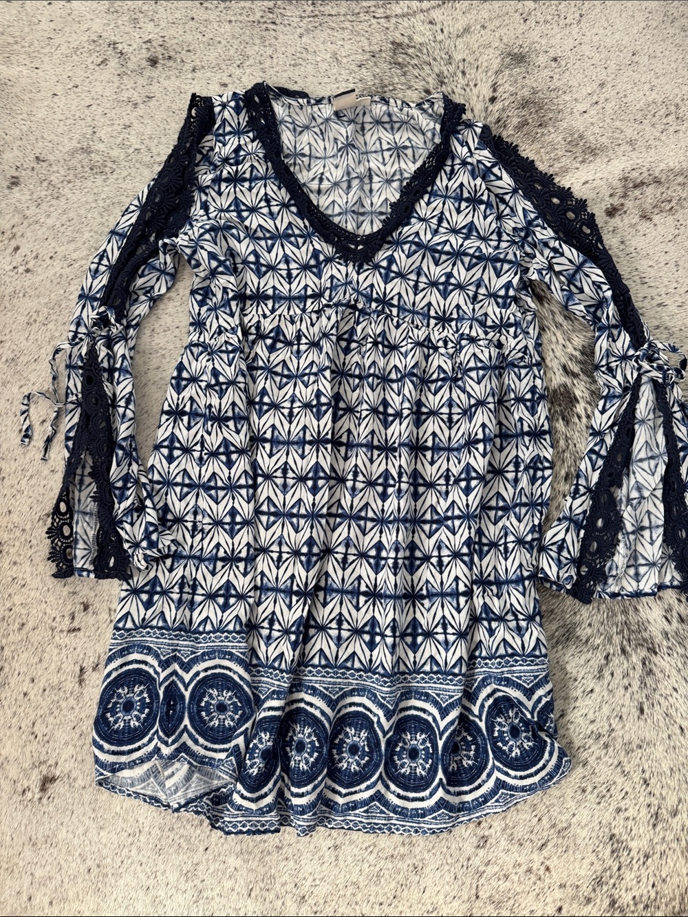 Roxy Navy and White Crochet-Trim Printed Tunic Dress